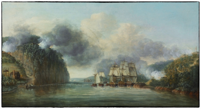 Dominic Serres, R.A. (Auch 1722 - 1793 London)HIS MAJESTY’S SHIPS PHOENIX, ROEBUCK AND TARTAR, ACCOMPANIED BY THREE SMALLER VESSELS, FORCING THEIR WAY THROUGH THE CHEVAL-DE-FRISE ON THE HUDSON RIVER BETWEEN FORTS WASHINGTON AND LEE, NEW YORK, 9 OCTOBER 1776